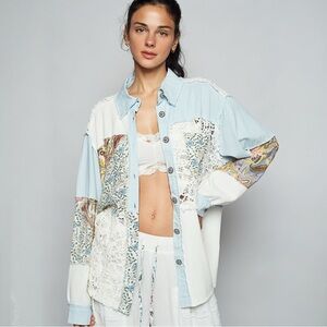 POL Balloon Sleeve Double Gauze Floral Button Front Shirt